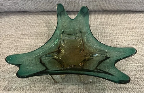 Vintage MCM Murano Sommerso Glass Emerald Green & Brown Artistry Bowl Ashtray