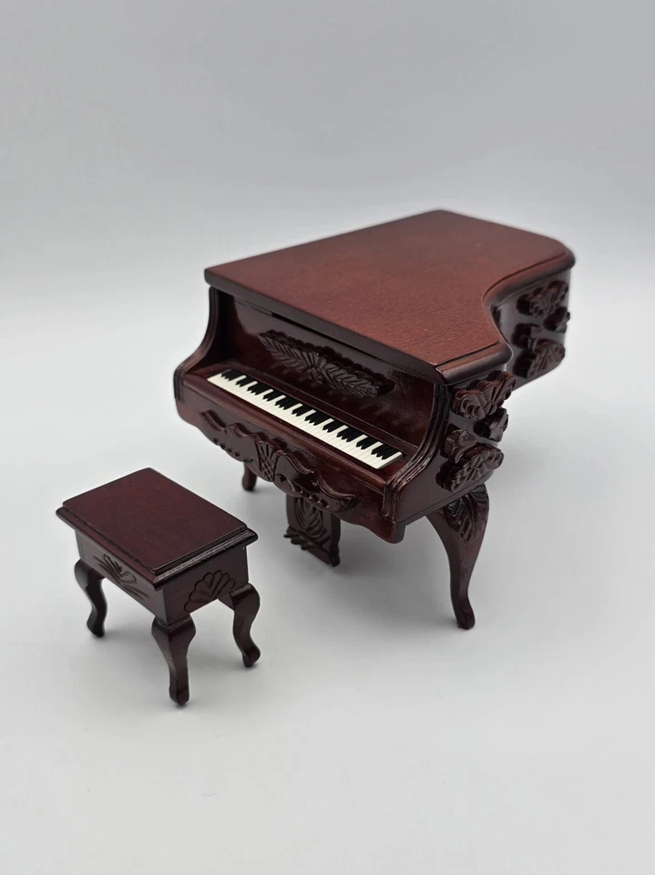 Casa de muñecas miniaturas caoba piano de cola y taburete escala 1:12 cuerda caja de música Foto 2 de 4