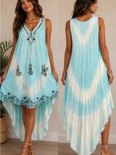 True Rock Boho Embroidered Hi-Low Tunic Dress Aqua Blue Free Size