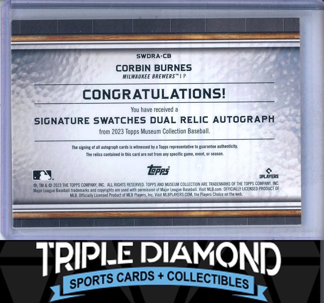 2023 Topps Museum Corbin Burnes Dual Game-Used Relic Auto #111/399 G948 view 2