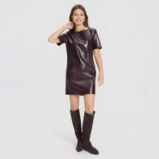 Women's Short Sleeve Faux Leather Mini Shift Dress - A New Day