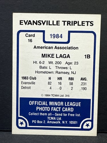 Mike Laga Firmado 1984 TCMA Evansville Triplets Detroit Tigers Autógrafo Automático - Imagen 2 de 2
