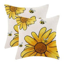 Summer Bee Pillow Covers 18x18 Set of 2, Yellow Bumblebee Sunflower Outdoor D...