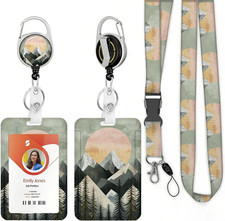 ID Badge Holder with Lanyard Boho Mountains and Sunrise Retractable Badge Holder