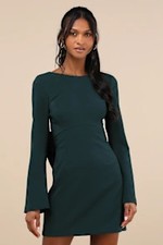 Lulus Women Elegant Cutie Bow Long Sleeve Backless Mini Dress Emerald XL