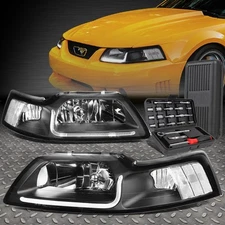 FOR 99-04 FORD MUSTANG LED DRL BLACK HOUSING CLEAR CORNER HEADLIGHTS+TOOL SET