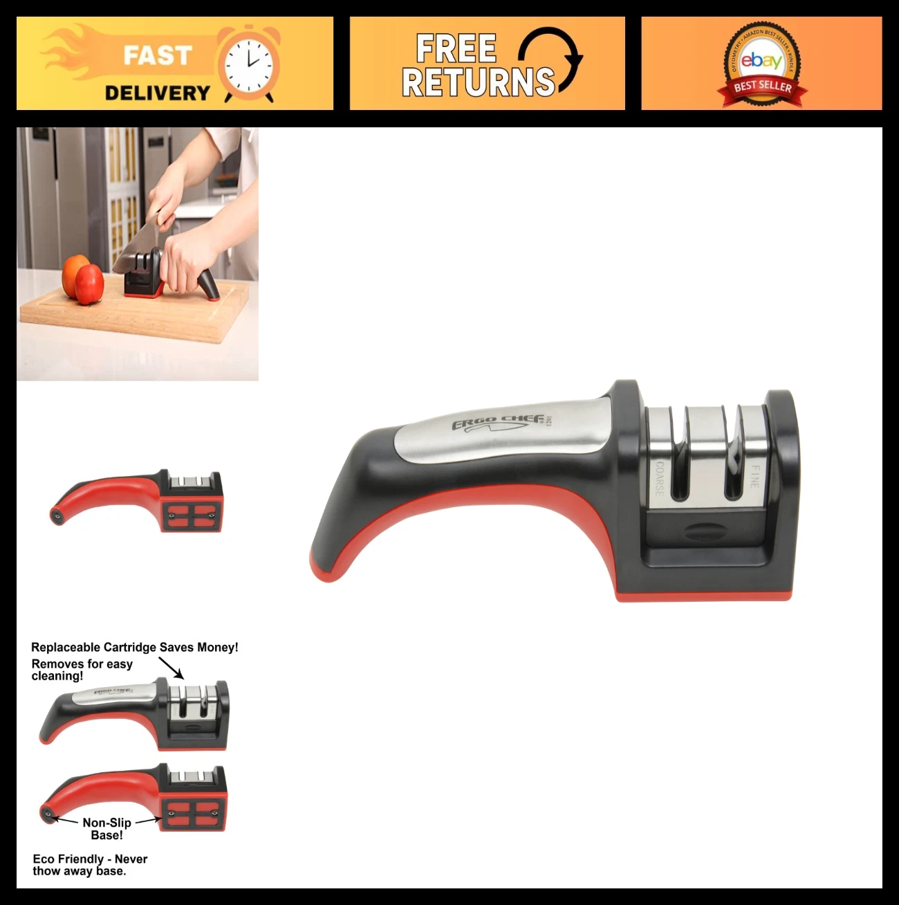 2 Stage Knife Sharpener - Tabletop Kitchen Tool, Tungsten Carbide & Ceramic, Red