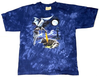 The Mountain Blue Tie-Dye Dragon Fire-Breathing Moon Cotton T-Shirt Top XL USA