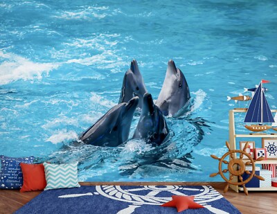 3D Animal Four Dolphins G7947 Wallpaper Wall Murals Removable Self-adhesive Erin
