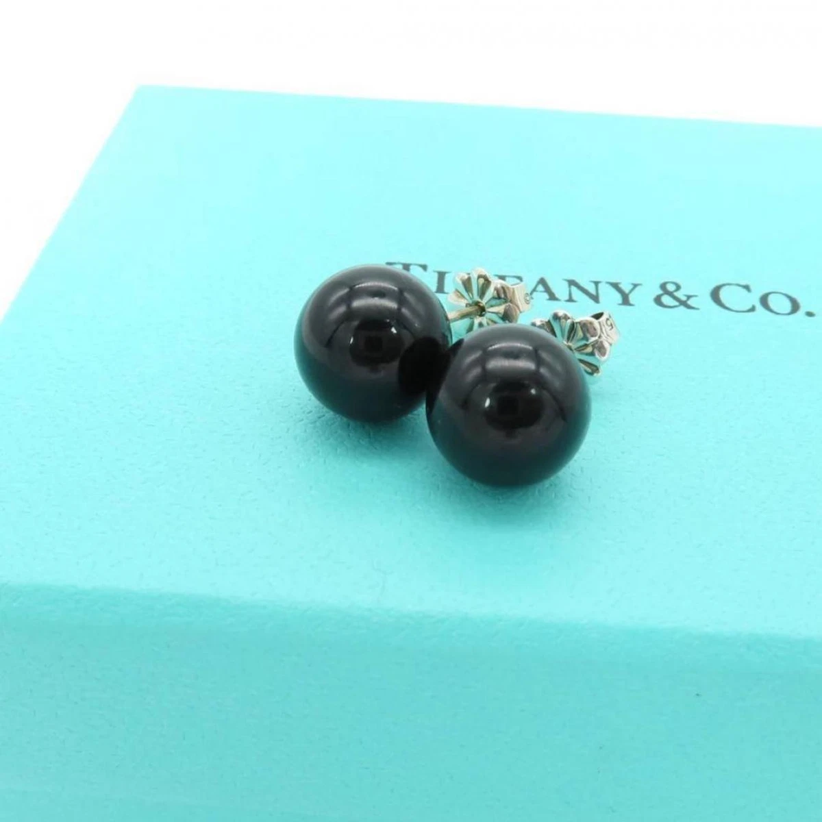 Tiffany Co. Tiffany Large Black Onyx Ball Earrings Silver SV925 Natural Stone