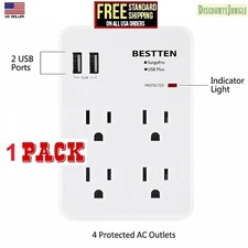 BESTTEN Wall Tap Adapter Outlet Socket Surge Protector with 2 USB Charger