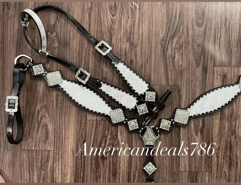 Western Brown Leather Bling Tack Set With White Reflective Leather - Image 3 of 3