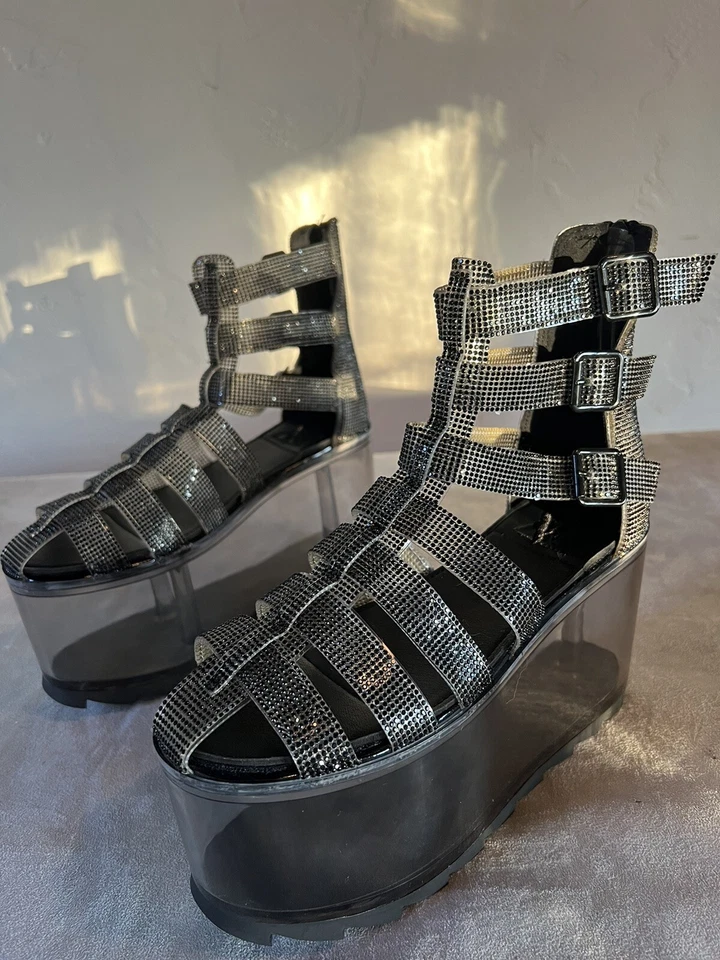 Sandalias de plataforma YRU Qloud Odyssey negras talla 8 nuevas sin caja estrás suela Lucite ahumada Foto 2 de 4