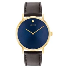 MOVADO SIGNATURE 0607743 40MM YELLOW GOLD CASE BLUE DIAL BROWN STRAP MEN'S WATCH