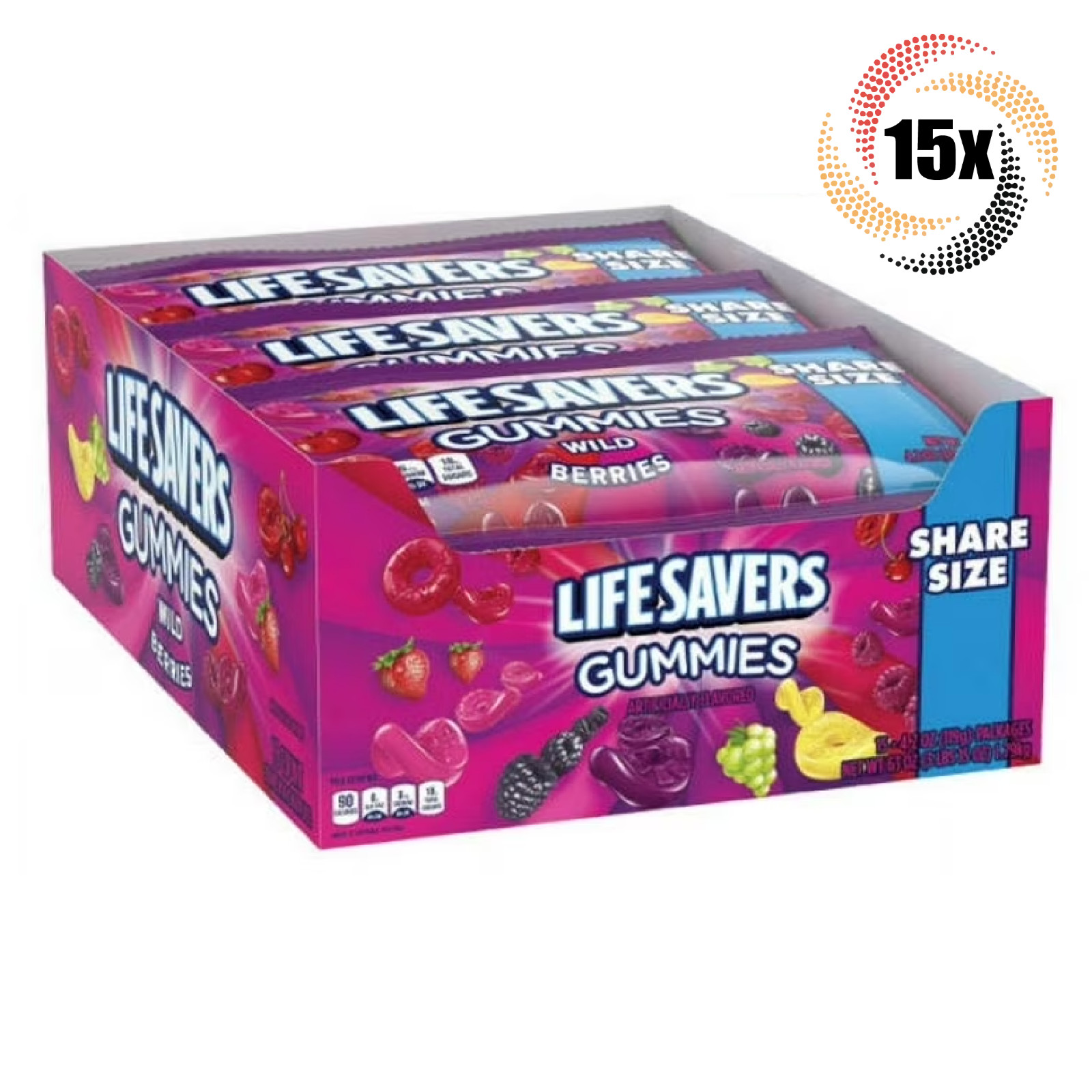 Полная коробка из 15 пакетиков Lifesavers Wild Berries Ассорти жевательных резинок королевского размера | 4,2 унции