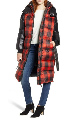 Mackage Haiko Buffalo Plaid Long Puffer Coat, Red, Women's, Small