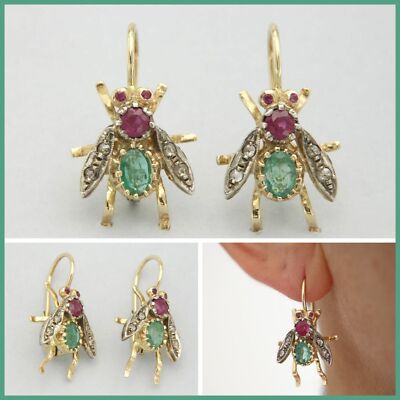 Boucles D'oreilles Pendantes En Or 14k Avec Rubis Et Diamants - Style Ancien, Fermoir Dormeuses - Neuf Avec étiquettes