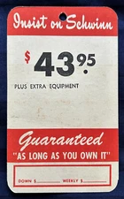 Vintage Schwinn Bicycle Price Tag / Hang Tag Insist on Schwinn