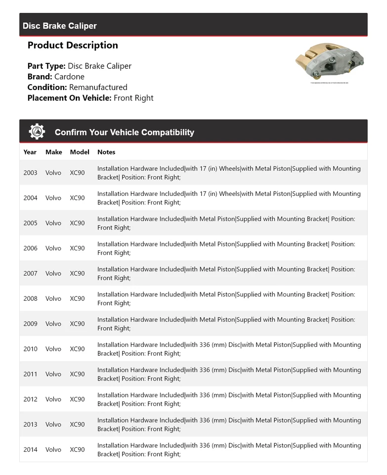 Pinza de freno de disco delantera derecha Cardone 2004 2005 2006 para Volvo XC90 2003-2014 Foto 2 de 4