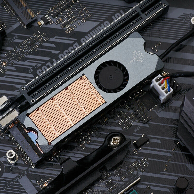 M.2 NVME 2280 SSD Enfriador Cobre Sustrato Disipador de Calor Aleta Radiador 4Pin PWM Min Ventilador Foto 3 de 4