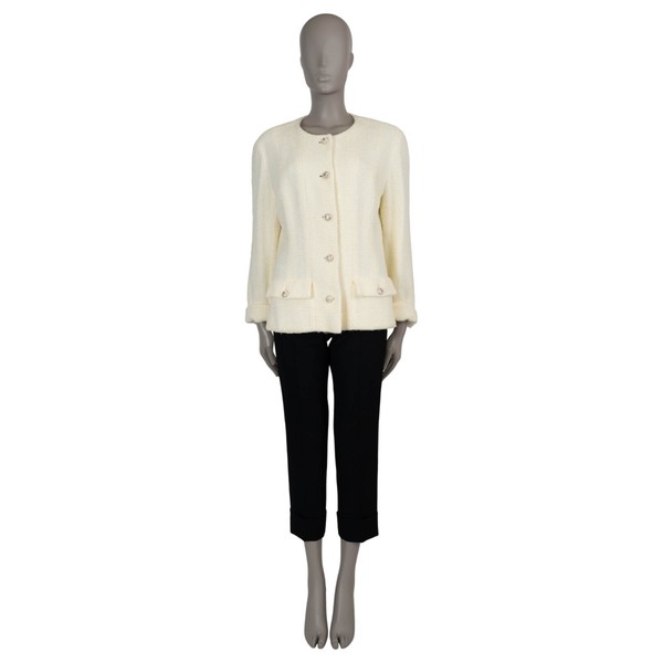71380 authentische CHANEL hellgelbe Baumwolle 23S KRAGENLOSE TWEED Jacke 46 passt L