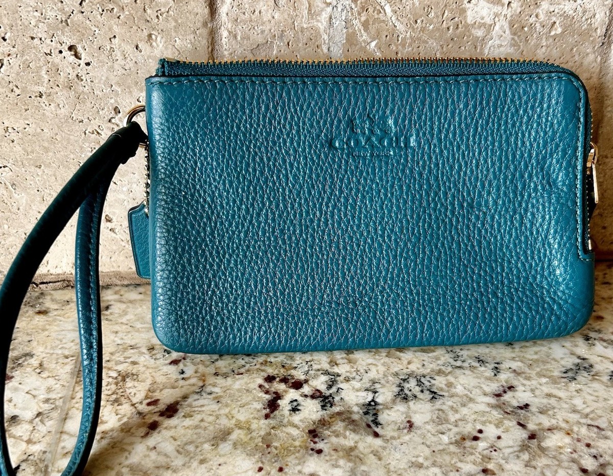 Coach Teal Blue Pebble Leather Double Zip Wristlet Wallet Wristlet