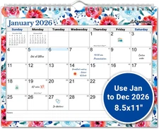 Wall Calendar 2026 8.5X11", Use Jan to Dec 2026, Beautiful Floral Designs, Thick