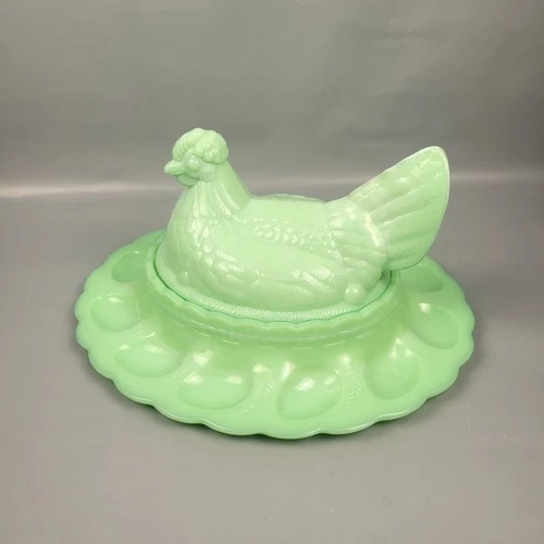 New ListingVintage Fenton Jadeite Chicken Hen on Deviled Egg Dish Green MilkGlass Collector
