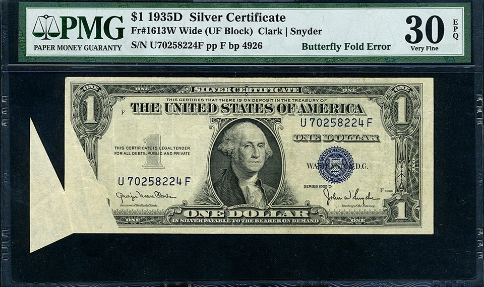 FR. 1613 W $1 1935-D Silver Certificate ERROR Butterfly Fold PMG VF30 EPQ - Image 2 of 3