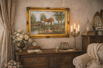60er Jahre riesiges Ölgemälde auf Leinwand, verzierter goldvergoldeter Rahmen 110x80 cm