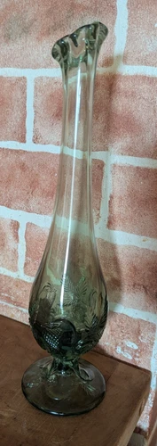 Fenton Green Glass Swung Vase Strawberry Leaves 9.5"