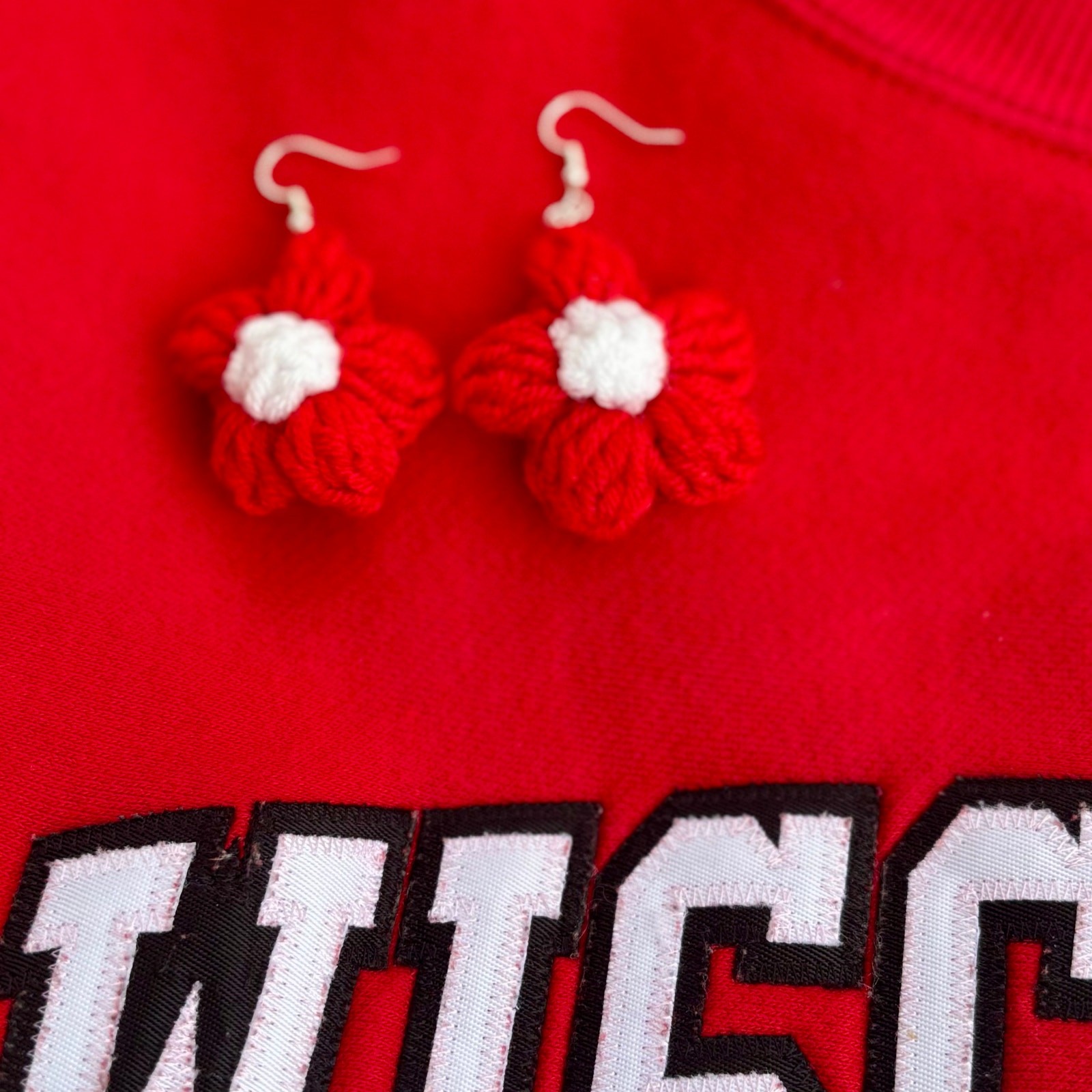 Red Day Sign Red & White Game Day Crochet Daisy Earrings â Wisconsin-Inspired Boho ...