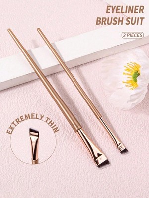 Gold 2-Piece Extremely Thin Eyeliner & Eyebrow Brush Set For Precision Makeup
