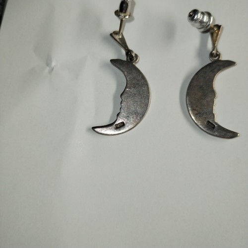 Vtg Estate Sterling Silver Crescent Moon Man Earrings Marcasite Dangle Celestial - Picture 9 of 11