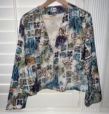 Chico  s Floral Silk Blend Cardigan Jacket Size 2 12/14 Turquoise Gold Cream
