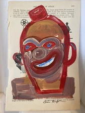 Original Painting - Clown Face Jug - Percifull Book Page outsider art Folk Art