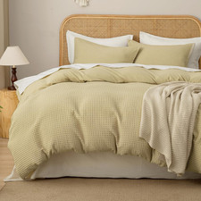 Pale Khaki Textured Waffle Weave Duvet Cover Set, Queen Size, 3PCS