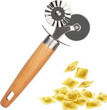 Pastry Double Cutter Wheel with Wooden Handle for Pasta Pizza Ravioli Cookies