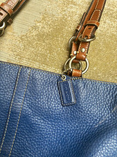 Coach Blue Pebbled Shoulder Bag Brown Strap Zip Top Lined Inner Pockets
