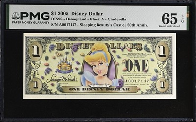2005 A $1 Disney Dollar Cinderella DIS98 PMG 65EPQ A0017147 POPULAR Note
