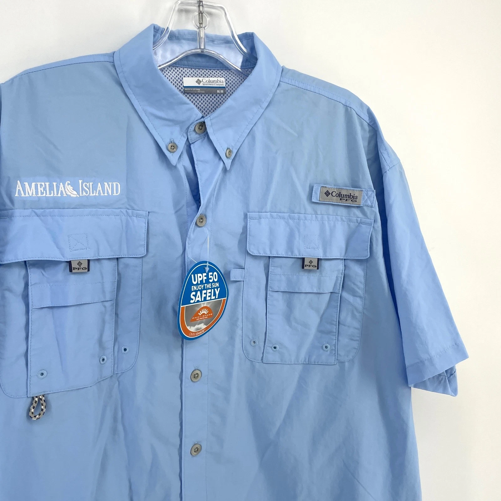 NWT Columbia PFG Mens M Blue Short Sleeve Fishing Shirt Amelia Island UPF 50