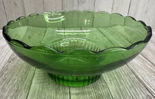 Vintage E.O Brody Bowl Glass Green Scalloped Rim Ribbed Pedestal Base 7" DIA