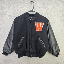 Game Sportswear Varsity Jacket Youth Medium Black Leather Wool Bomber Vintage US