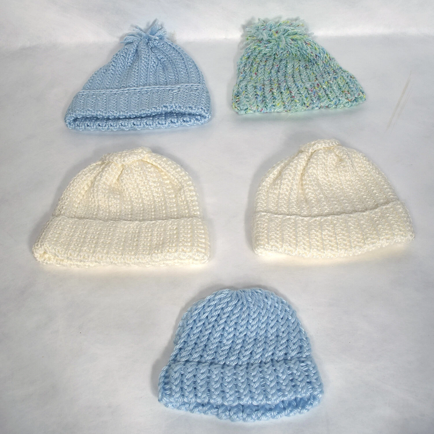 Lot of Five (5) Unisex Hand made Knitted Baby & Toddler Hats Caps