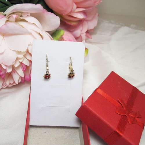 Vintage Solid 10kt Gold Ladybug Earrings with Red Enamel - Picture 3 of 8