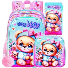 3PCS Bear Backpack Set 16" Kids Water-Resistant School Bag  Lunch Box for Girl