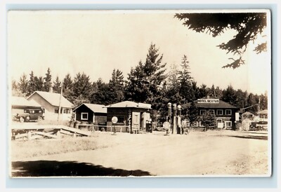RPPC Pigeon River MN American Customs Hotel Sextus Mobiloil - Goodyear Gas Pump