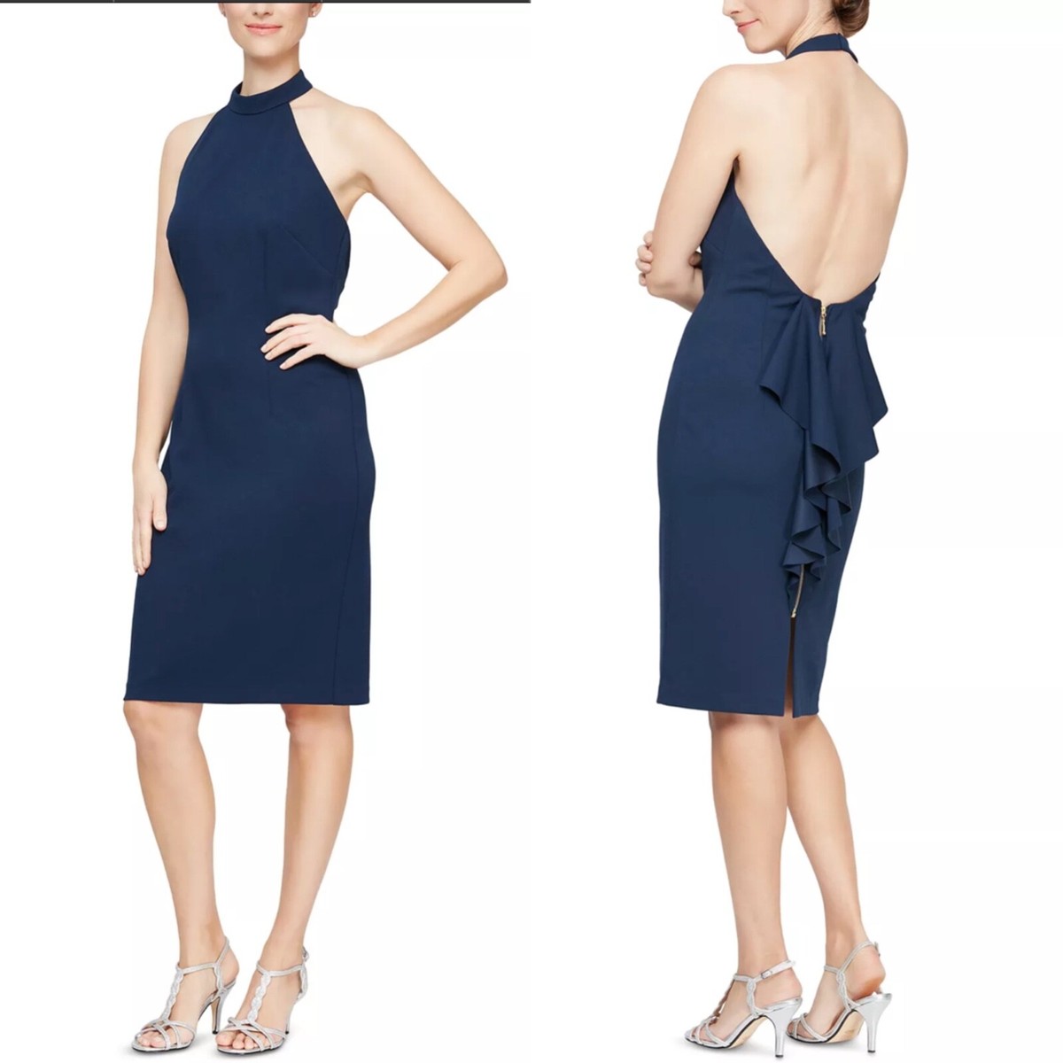 NEW ALEX EVENINGS Navy HIGH NECK Halter RUFFLE BACK Sheath COCKTAIL DRESS 8