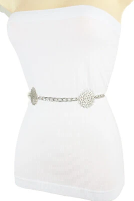 Women Fashion Belt Silver Metal Chain Hip High Waist Flower Charms Size XS S M - image 1 of 4