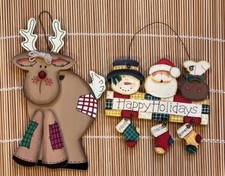 2 Country Primitive Wood Sign HAPPY HOLIDAY Santa Frosty Rudolph Reindeer 3D set